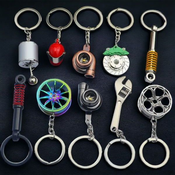 Car Enthusiast Keychain Set - Detailed Gearbox, Shock Absorber, and Engine Piston Miniatures - Perfect Gift for Gearheads